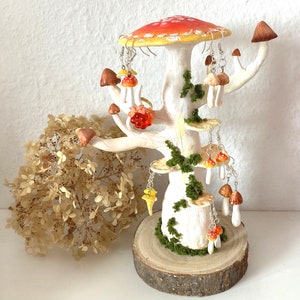 Made to order - A Mushroom's Story - fly agaric clay mushroom ring, necklace and earring holder, giant jewelry holder.