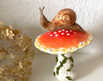 The poetic Mushroom (made to order)- snail and fly agaric polymer clay earring holder- clay art.