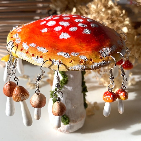 The Poetic Mushroom - Made to Order polymer clay mushroom earring holder, Fly agaric, clayart, red and white dotted mushroom, gift for her.