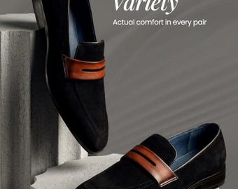 Mocassini penny in camoscio nero fatti a mano: scarpe eleganti da uomo in pelle, modello slip-on.