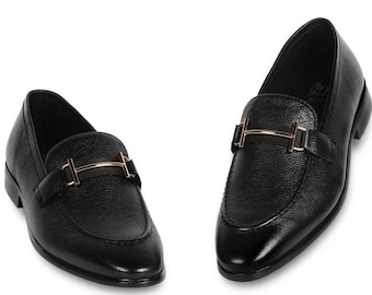 Mocasines Horsebit de piel negra para hombre: zapatos de vestir de lujo sin cordones