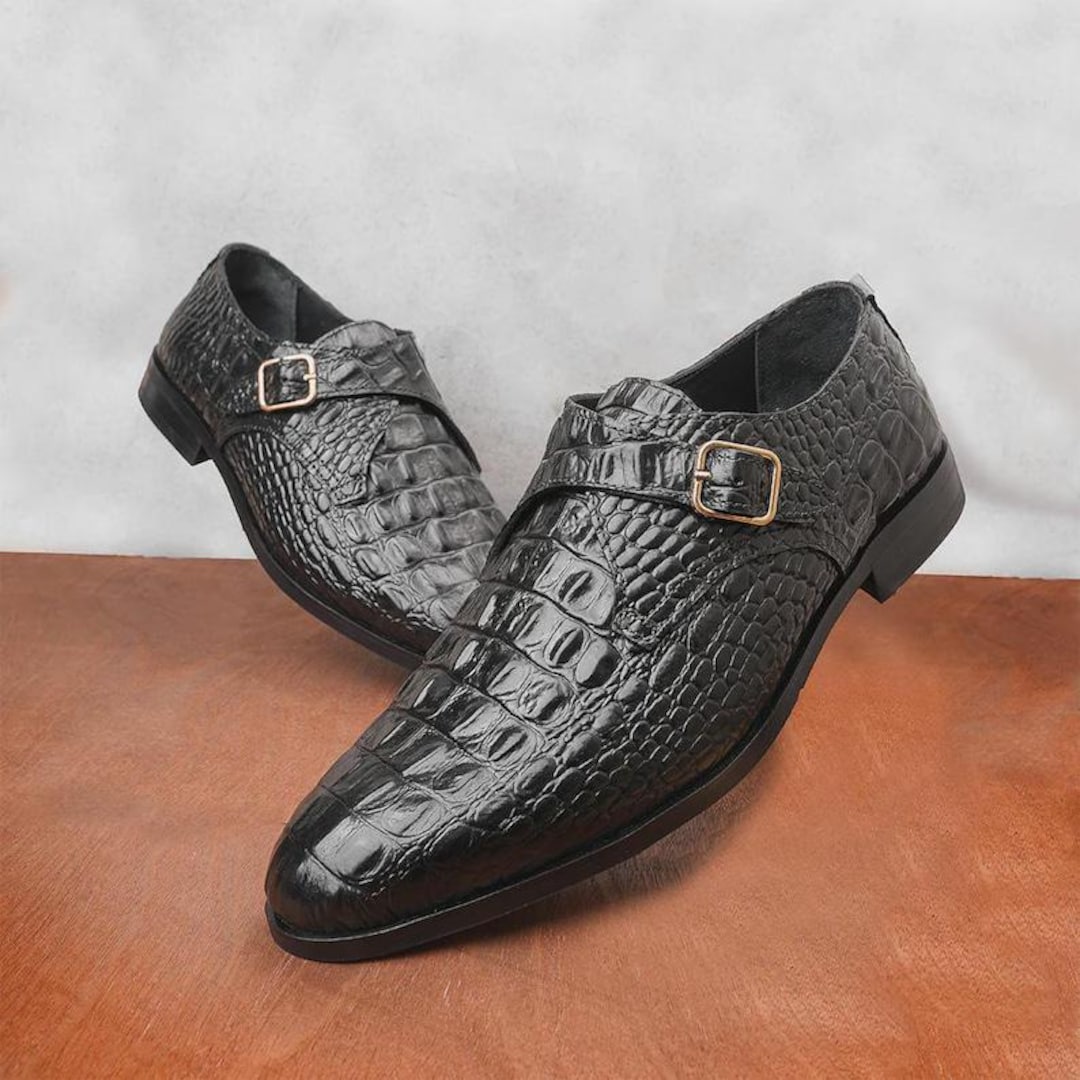 Handmade Black Alligator Crocodile Leather Monk Strap Shoes | Luxury ...