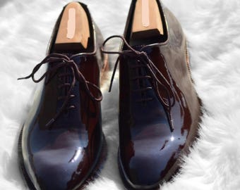 Scarpe stringate da uomo in pelle verniciata bordeaux di qualità, fatte a mano