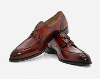 Men’s  derby shoes, handmade brown leather oxfords, dress lace-ups, split-toe