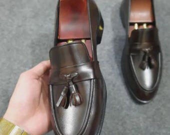 Handmade Brown Leather Tassel Loafers: Mens Formal Shoes