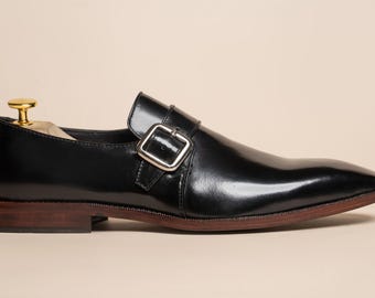 Handmade Black Leather Monk Strap Shoes, Magnanni Carver Dress Shoes