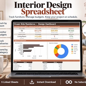 May include: A digital interior design spreadsheet displayed on a laptop screen, featuring a dashboard with budget tracking, spending charts, and room-by-room procurement data. The interface includes a Google Sheets template icon and text labels for tracking furniture, budgets, and deliveries.