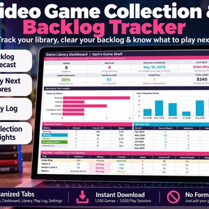 May include: A digital video game collection and backlog tracker Google Sheets template displayed on a laptop screen. The dashboard features pink and blue charts, tables, and metrics for tracking game library status, play logs, and completion rates.
