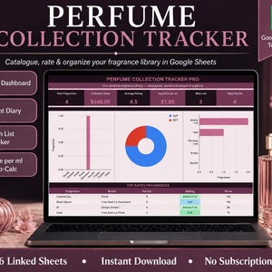 May include: A digital perfume collection tracker template for Google Sheets displayed on a laptop screen. The interface features a dashboard with charts, a scent diary, a wish list, and price per ml calculations. The design uses dark purple accents.