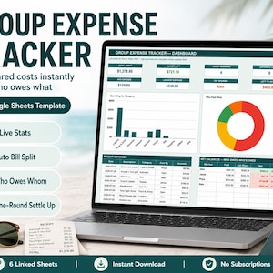 Puede incluir: Una plantilla de Google Sheets para el seguimiento de gastos grupales en la pantalla de una computadora portátil. El panel incluye un gráfico de barras, un gráfico de anillos de colores y una tabla de gastos. Texto: Group Expense Tracker.