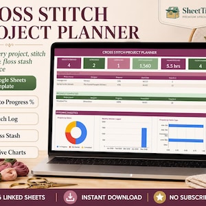 Puede incluir: Un planificador digital de proyectos de punto de cruz en la pantalla de un portátil, con tablas de datos, un gráfico circular y un gráfico de barras. La interfaz incluye secciones para el seguimiento de proyectos y registros de puntadas.