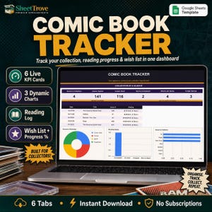 Puede incluir: Una computadora portátil muestra una hoja de cálculo "COMIC BOOK TRACKER" con datos de colección y gráficos. El texto incluye "6 Live KPI Cards" y "Descarga instantánea". La imagen está diseñada para coleccionistas de cómics.