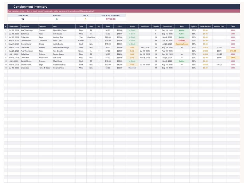 Consignment Inventory Tracker Google Sheets Template | Resale Shop Stock, Seller Payouts & Expiry Alerts Sheet image 5