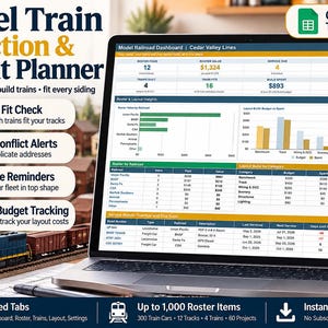May include: A digital model train collection and layout planner displayed on a laptop screen. The interface features a dashboard with data tables, bar charts, and budget tracking for railroad rosters, service reminders, and DCC conflict alerts.
