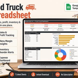 Puede incluir: Una plantilla digital de Google Sheets para la gestión de un camión de comida mostrada en una pantalla de portátil. El panel incluye tablas y gráficos para realizar un seguimiento de ventas, beneficios, gastos e inventario con etiquetas.