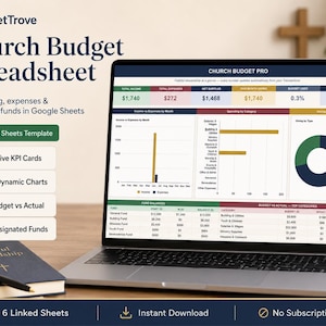 May include: A laptop displaying a Church Budget Pro Google Sheets template with financial data, including KPI cards, bar charts, and a pie chart. The screen shows income, expenses, and fund balances. Text includes SheetTrove and Church Budget Spreadsheet.