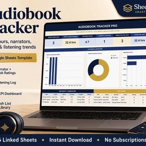 Könnte beinhalten: Ein Laptop-Bildschirm zeigt eine Audiobook Tracker Pro Google Sheets-Vorlage mit Datentabellen, einem Balkendiagramm und einem Ringdiagramm. Die Benutzeroberfläche zeigt Metriken wie abgeschlossene Bücher, Gesamtstunden und Bewertungen.