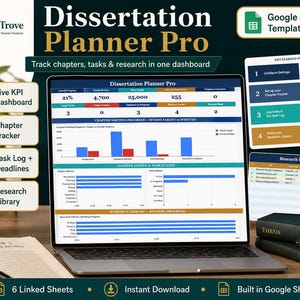 Dissertation Planner Google Sheets | Chapter Tracker Task Log Research Library Progress Dashboard