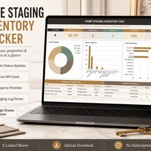 Peut inclure: Un ordinateur portable affichant un tableau de bord de suivi d'inventaire de home staging avec des graphiques et des tableaux de données. L'écran présente des mesures comme le total des articles et la valeur. Texte : Home Staging Inventory Pro.