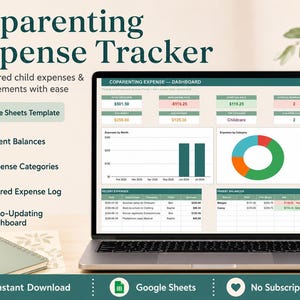Puede incluir: Un ordenador portátil que muestra una plantilla de Google Sheets para el seguimiento de gastos de coparentalidad. La pantalla muestra un panel con resúmenes financieros, un gráfico de barras, un gráfico circular y un registro de gastos.