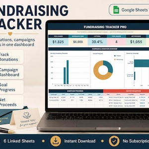 May include: A digital fundraising tracker Google Sheets template displayed on a laptop screen. The dashboard features charts, donation tables, and progress metrics. Beside the laptop are a blue envelope labeled Donation and a card saying Thank You.