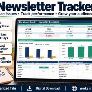 May include: A digital newsletter tracker displayed on a laptop screen, featuring a Google Sheets template dashboard with metrics like subscriber growth, open rates, and revenue. The interface includes charts, tables, and text labels for planning issues, tracking performance, and growing an audience.