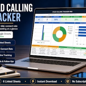 Op de afbeelding: Een laptopscherm met een Cold Calling Tracker Pro Google Sheets-sjabloon met kleurrijke datagrafieken, een pijplijnstatusgrafiek en een lijst met prospects. De interface bevat statistieken voor het aantal gesprekken, connecties en afspraken.