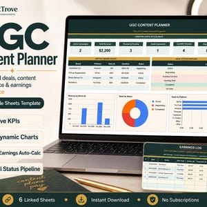 Könnte beinhalten: Ein Laptop zeigt eine "UGC Content Planner" Tabelle, die Markengeschäfte und Einnahmen verfolgt. Der Bildschirm zeigt Diagramme und Daten, mit einer "Earnings Log" Karte. Ein Notizbuch, ein Stift und eine Kaffeetasse sind ebenfalls zu sehen.