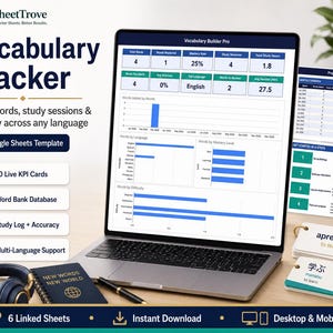 Vocabulary Tracker Google Sheets | Word Bank Study Log Progress Dashboard Language Learning Template