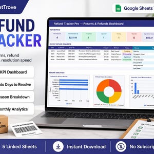 May include: A digital Refund Tracker Pro dashboard displayed on a laptop screen, featuring key metrics, a list of recent refund requests, and analytics charts. The interface includes a pie chart, bar graphs, and status indicators for tracking returns.