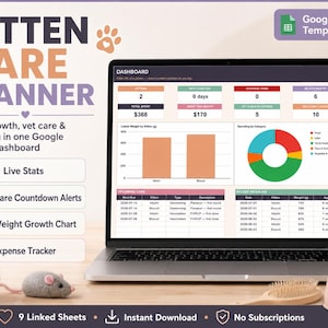 Puede incluir: Una plantilla digital de planificador de cuidados para gatitos en Google Sheets mostrada en una pantalla de portátil. El panel incluye un gráfico de barras para el peso, un gráfico circular de gastos y tablas para el seguimiento de cuidados.