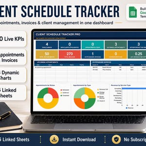 Puede incluir: Una pantalla de portátil que muestra un panel de control Client Schedule Tracker Pro con cajas de KPI de colores, tablas para citas y facturas, y tres gráficos circulares y de barras. La interfaz incluye etiquetas de texto para la gestión.