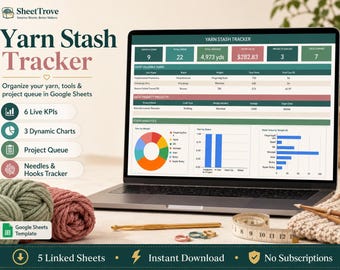 Yarn Stash Tracker Google Sheets | Yarn Inventory | Project Queue | Knitting Planner