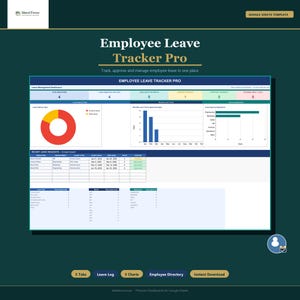 May include: A digital dashboard titled "Employee Leave Tracker Pro" with charts and tables for tracking employee leave. The design includes a color scheme of teal, white, and yellow. The dashboard displays leave requests, leave by type, and monthly leave trends.