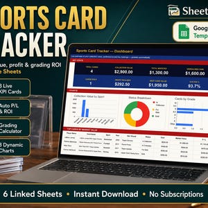 May include: A laptop displays a sports card tracker dashboard with charts and data. The screen shows key performance indicators, collection value, and grading ROI. The text on the screen says "SPORTS CARD TRACKER" and "Track value, profit & grading ROI in Google Sheets".