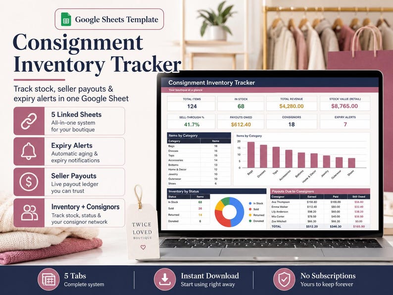 Consignment Inventory Tracker Google Sheets Template | Resale Shop Stock, Seller Payouts & Expiry Alerts Sheet image 2