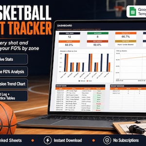 Basketball Shot Tracker Google Sheets, Shooting Percentage Tracker, FG% Zone Stats Spreadsheet, Practice Log for Players & Coaches