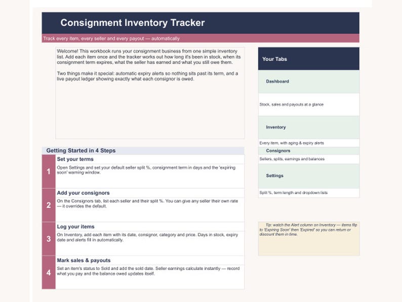 Consignment Inventory Tracker Google Sheets Template | Resale Shop Stock, Seller Payouts & Expiry Alerts Sheet image 3