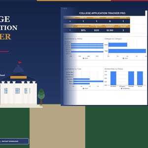 May include: A digital graphic for a college application tracker, featuring a white building illustration and data charts. Text includes "College Application Tracker Pro," and "Track Every Application."