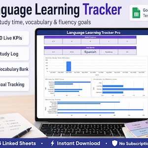 Language Learning Tracker Google Sheets | Study Log Vocabulary Bank Goals Dashboard Progress Tracker