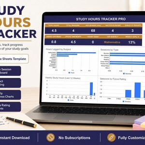 May include: A laptop displaying a Study Hours Tracker Pro Google Sheets template with data tables and bar charts. The screen shows metrics like total hours, sessions, and focus ratings. Text on the left lists features including a dashboard and charts.