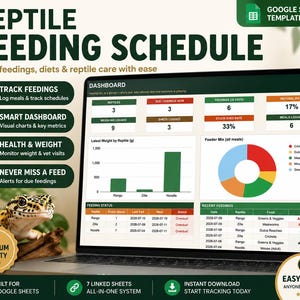 Hoja de cálculo de Google con el horario de alimentación de reptiles, registro y seguimiento de alimentación para serpientes, geckos y dragones barbudos, registro de peso y muda, tabla de cuidados para reptiles.