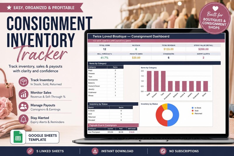 Consignment Inventory Tracker Google Sheets Template | Resale Shop Stock, Seller Payouts & Expiry Alerts Sheet image 1