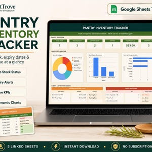 Könnte beinhalten: Ein digitaler Vorrats-Inventar-Tracker auf einem Laptop-Bildschirm, der ein Dashboard mit einem Tortendiagramm, Balkendiagrammen und Tabellen zur Verfolgung von Lagerbeständen, Verfallsdaten und Vorratswerten zeigt, inklusive Warnmeldungen.