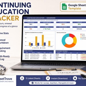 Continuing Education Tracker Google Sheets, CEU Hours Log & License Renewal Spreadsheet, CE Credit Tracker for Nurses Teachers Therapists