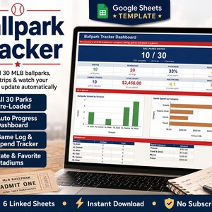 Mall för Google Sheets för MLB-stadionspårning | Bucket List för stadion, matchlogg och resespårning för baseboll med instrumentpanel