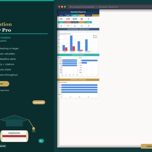 May include: A digital interface for a Dissertation Planner Pro Google Sheets template. The dark teal design features a list of features, including chapter word tracking, auto-calculations, and live KPIs. A spreadsheet with charts is visible.
