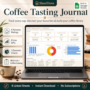 May include: A laptop screen shows a "Coffee Tasting Journal" dashboard with data and charts. The journal helps track coffee tastings, flavour profiles, and favourite roasts. The image includes a coffee cup, beans, and a pour-over setup.