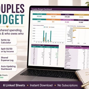 May include: A laptop screen displaying a Couples Budget Dashboard with financial charts, tables, and income versus expense data. The interface includes a Settle Up Calculator, split options, and an expense log. It is a Google Sheets template.