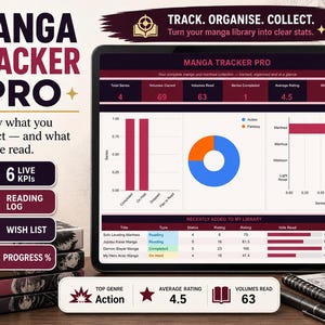 Könnte beinhalten: Ein digitales Tablet zeigt die Benutzeroberfläche der App "Manga Tracker Pro", die Manga-Sammlungsstatistiken, Diagramme und den Lesefortschritt anzeigt. Das Bild enthält einen Stapel Manga-Bände, einen Stift und eine Manga-Charakterillustration.